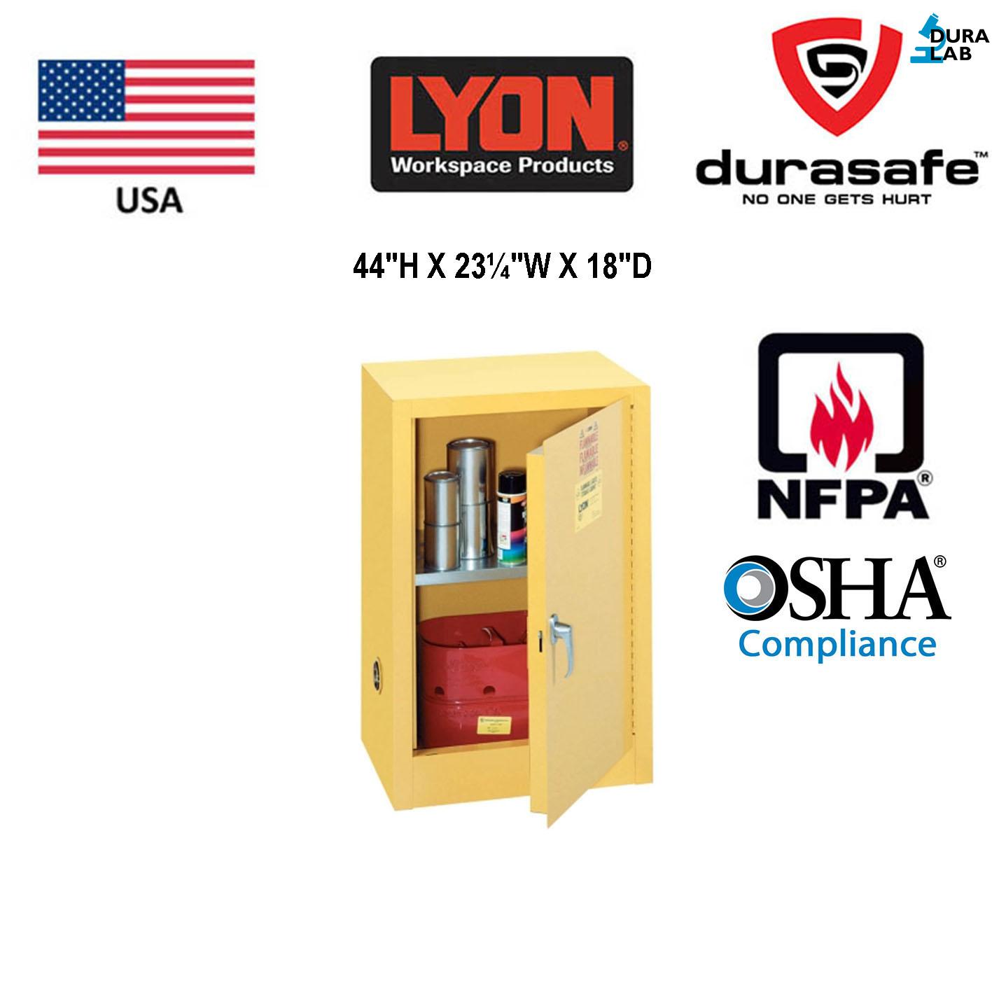 Lyon 5474 Flammable Liquid Storage Cabinet Manual-Closing Door 15 Gallons 23¼”Wx18″Dx44″H, Yellow