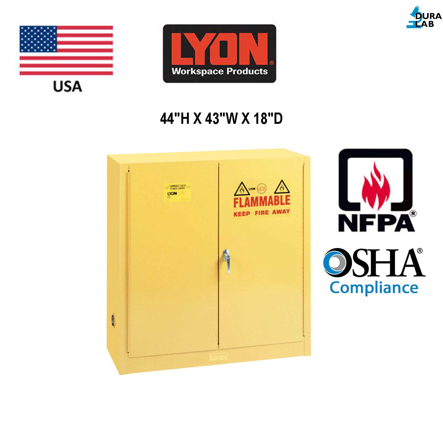 Lyon 5440N Flammable Liquid Storage Cabinet Manual-Closing Door 30 Gallons 43″Wx18″Dx44″H, Yellow