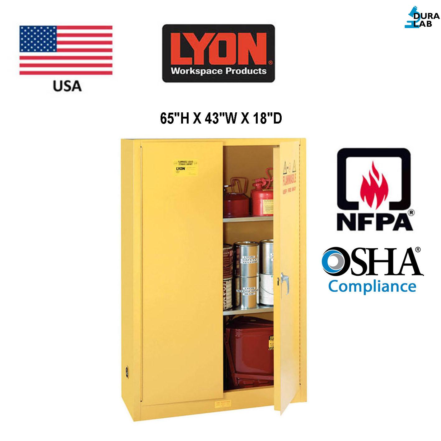 Lyon 5444N Flammable Liquid Storage Cabinet Manual-Closing Door 45 Gallons 43″Wx18″Dx65″H, Yellow