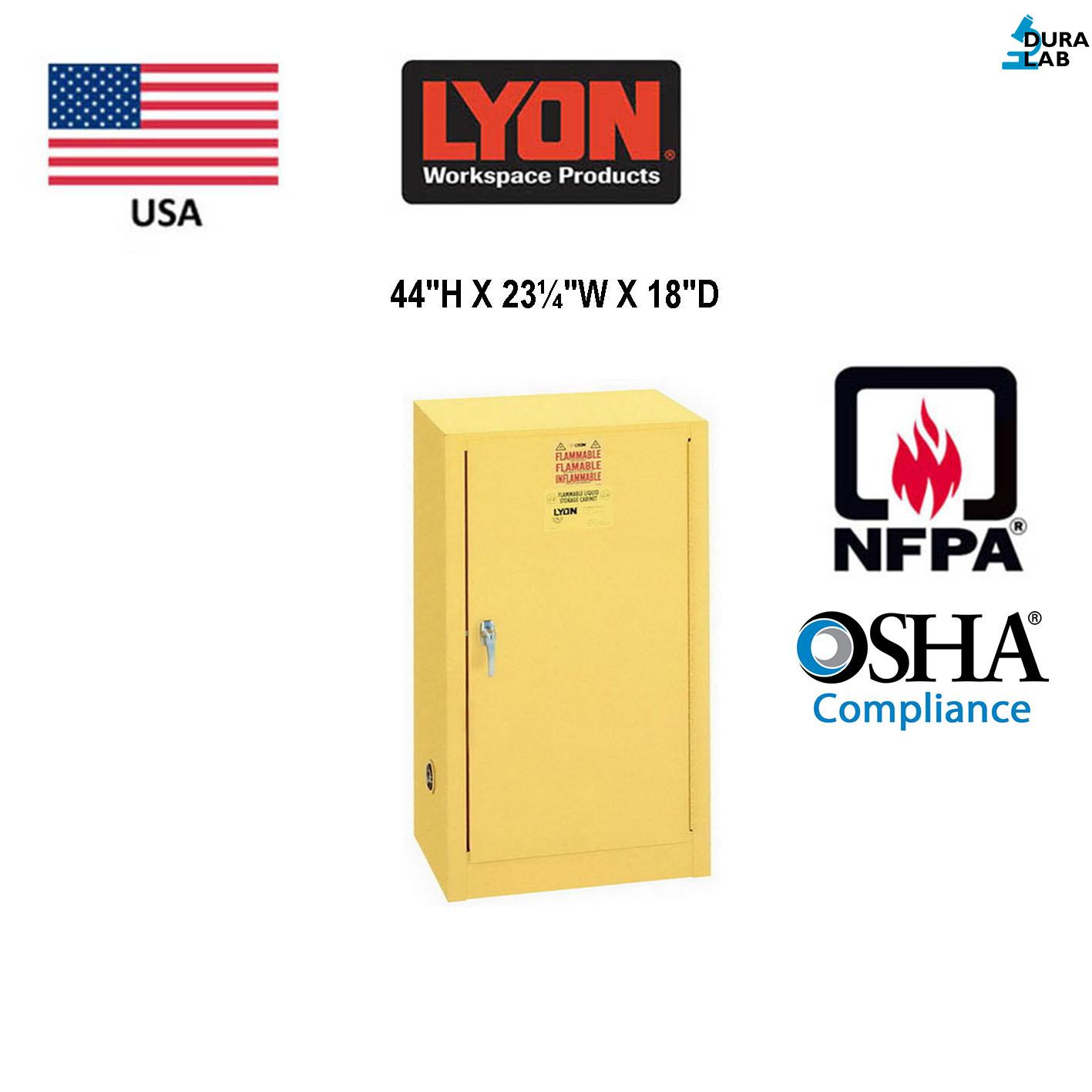 Lyon 5474 Flammable Liquid Storage Cabinet Manual-Closing Door 15 Gallons 23¼”Wx18″Dx44″H, Yellow